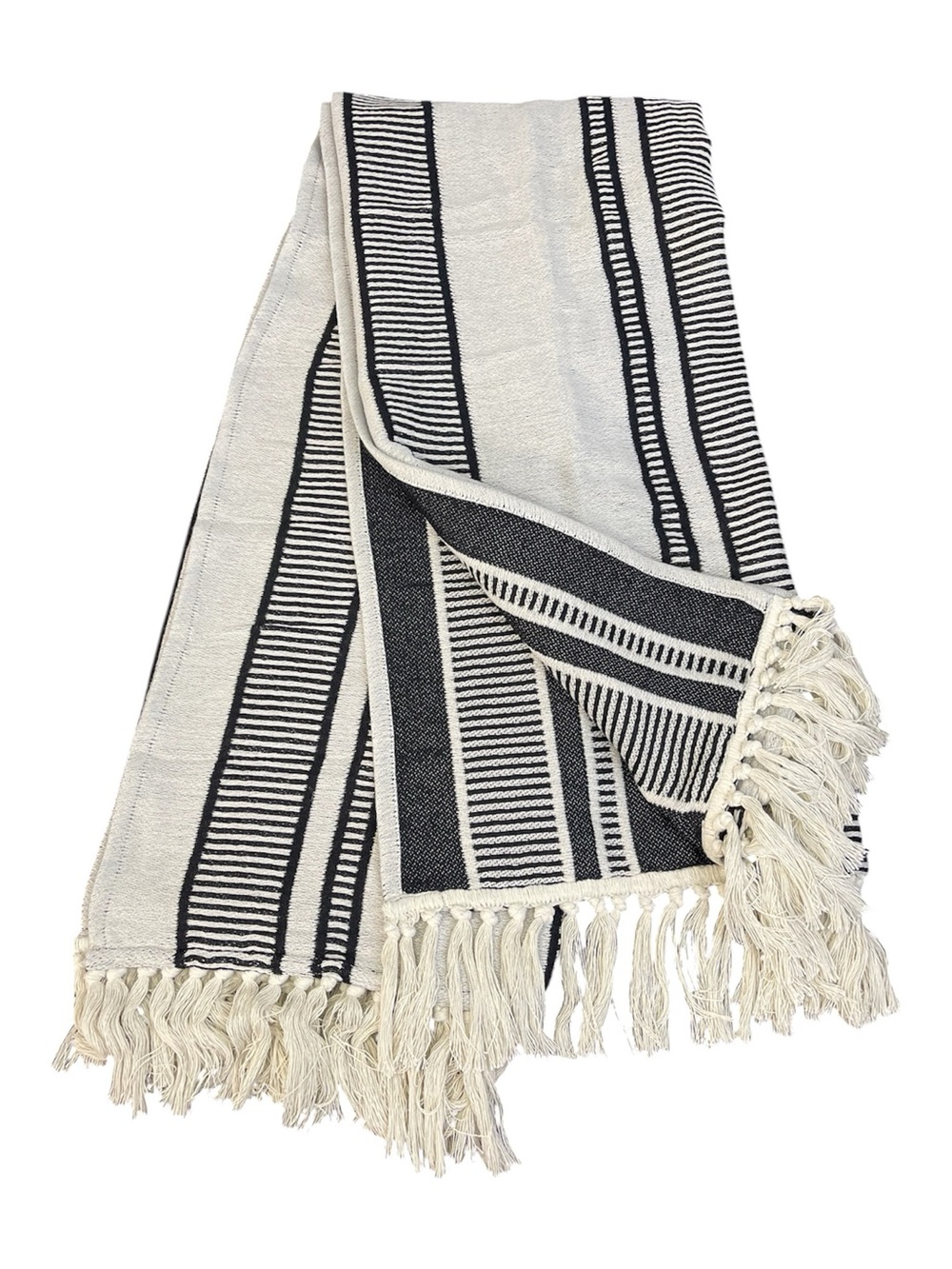 NEW Threshold Studio McGee Outdoor Throw Blanket Cream Black Woven Tasseled Boho
